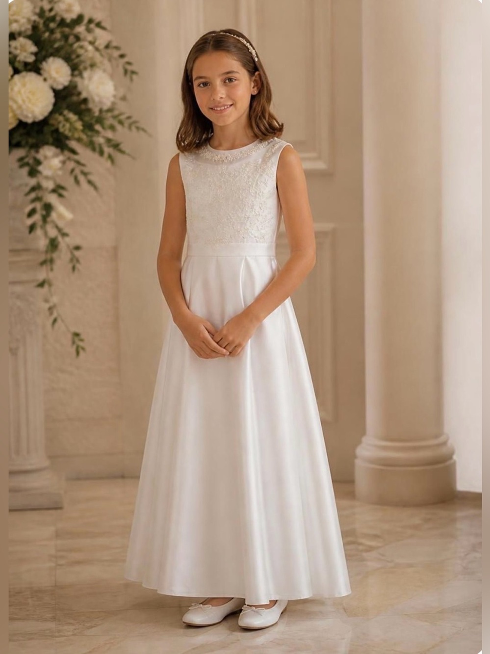 Girls' Ivory Satin & Lace Formal Gown